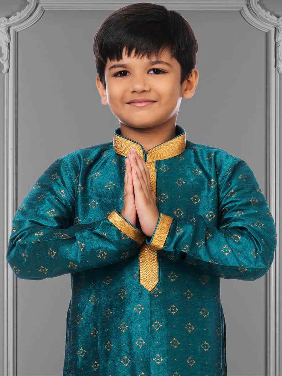 Rama Blue Dhupion Silk Printed Festival Kurta Pyjama Boys Wear