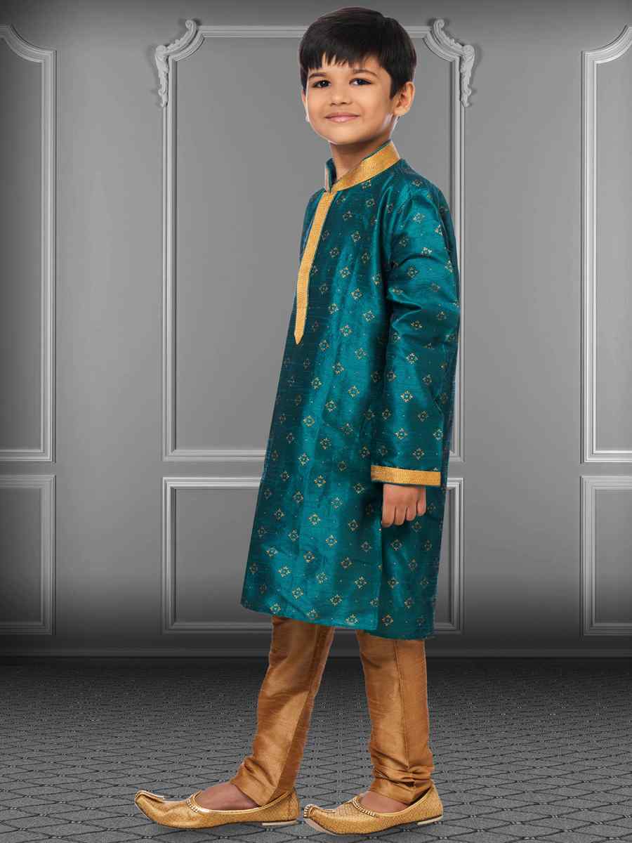 Rama Blue Dhupion Silk Printed Festival Kurta Pyjama Boys Wear