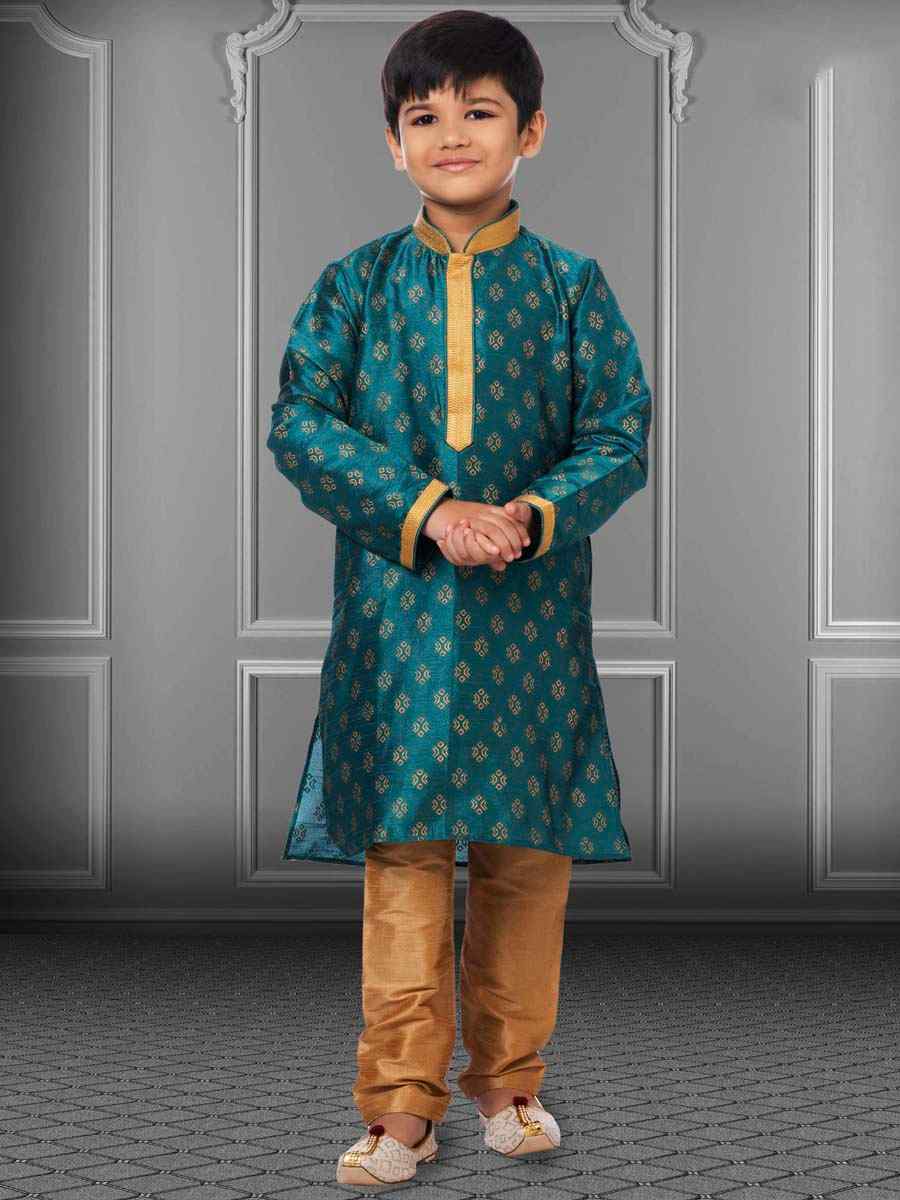 Rama Blue Dhupion Silk Printed Festival Kurta Pyjama Boys Wear