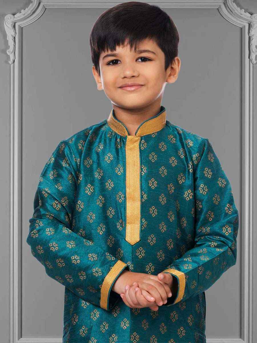Rama Blue Dhupion Silk Printed Festival Kurta Pyjama Boys Wear