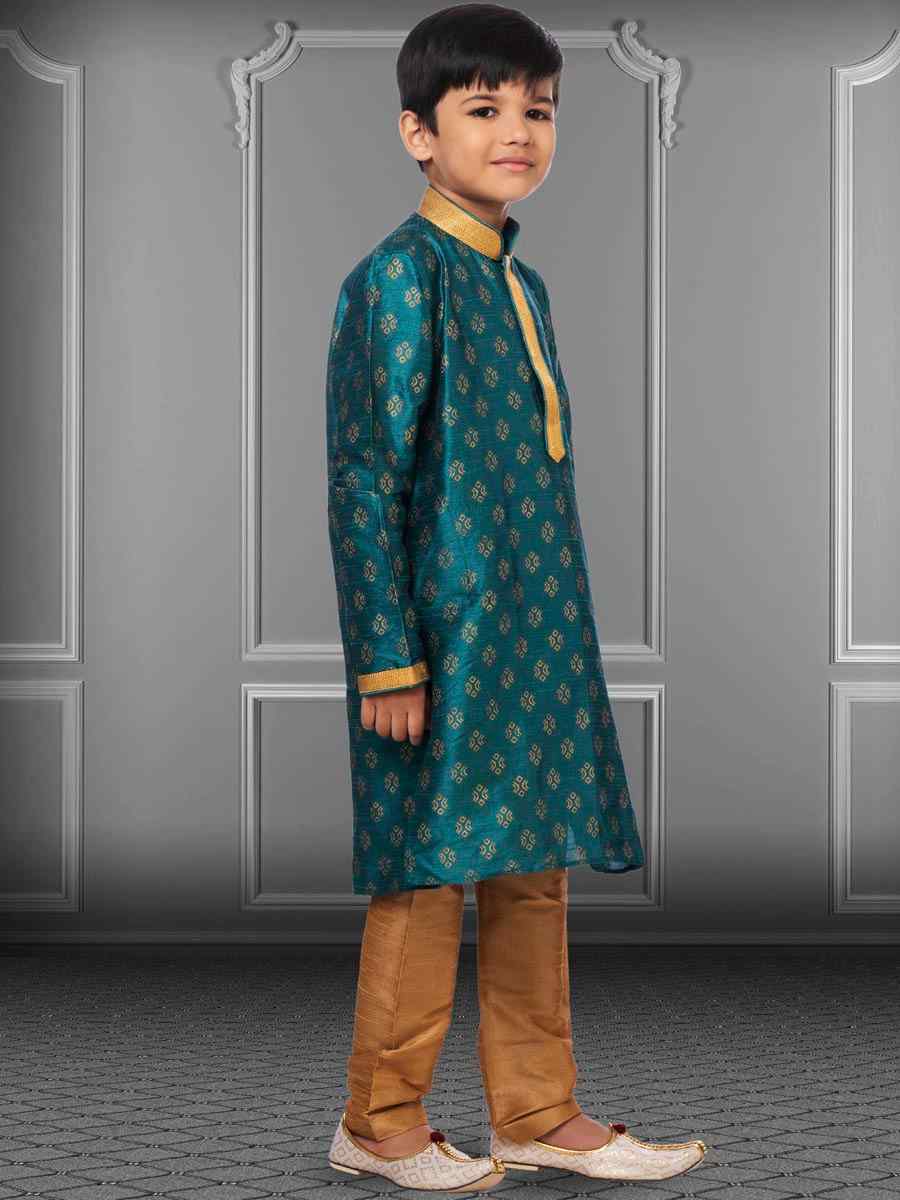 Rama Blue Dhupion Silk Printed Festival Kurta Pyjama Boys Wear