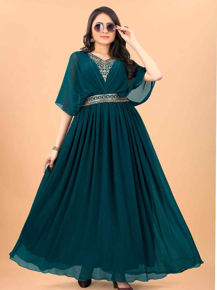 Rama Blue Faux Georgette Embroidered Party Gown
