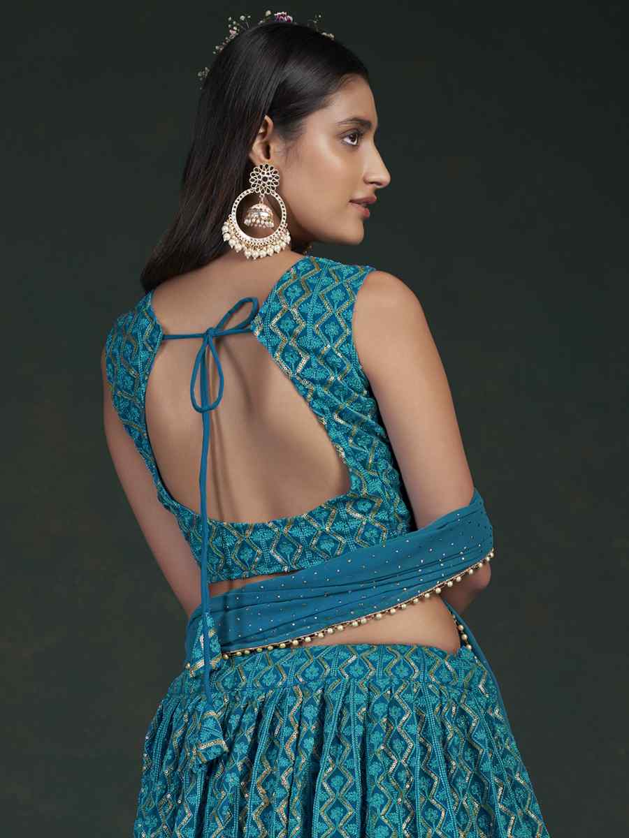 Rama Blue Georgette Embroidered Festival Wedding Circular Lehenga Choli