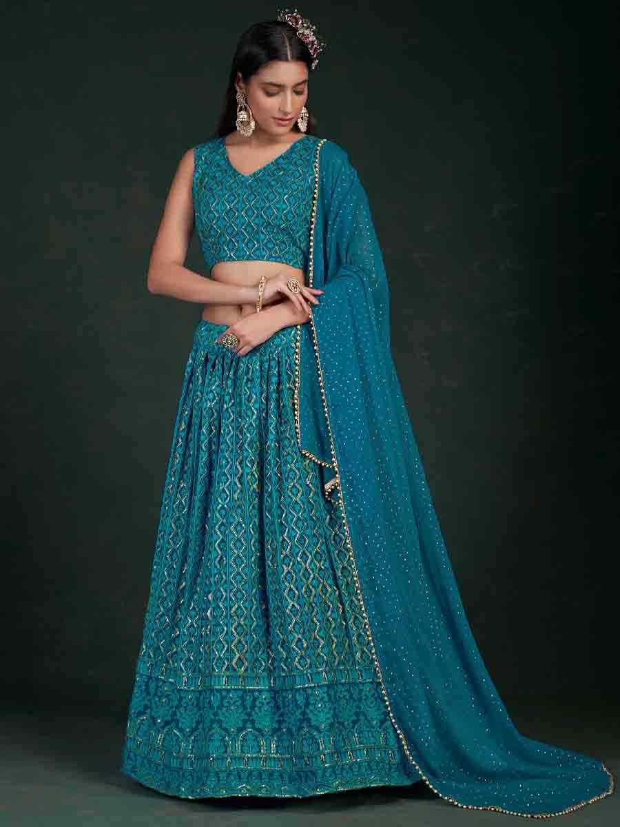 Rama Blue Georgette Embroidered Festival Wedding Circular Lehenga Choli