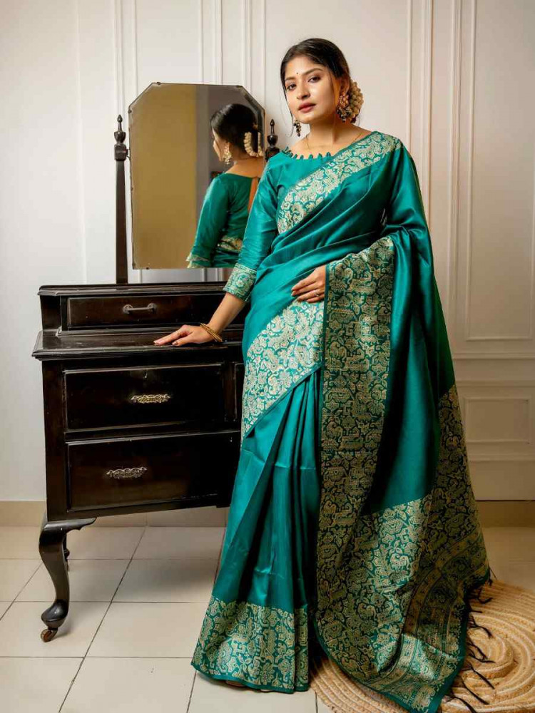 Image of Rama Blue Handloom Raw Silk Handwoven Casual Reception Festival Wedding Fancy Classic Style Sarees