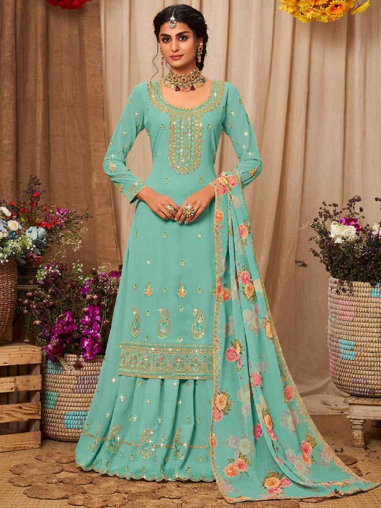 Rama Blue Heavy Faux Georgette Embroidered Bridesmaid Wedding Kurti Lehenga Choli
