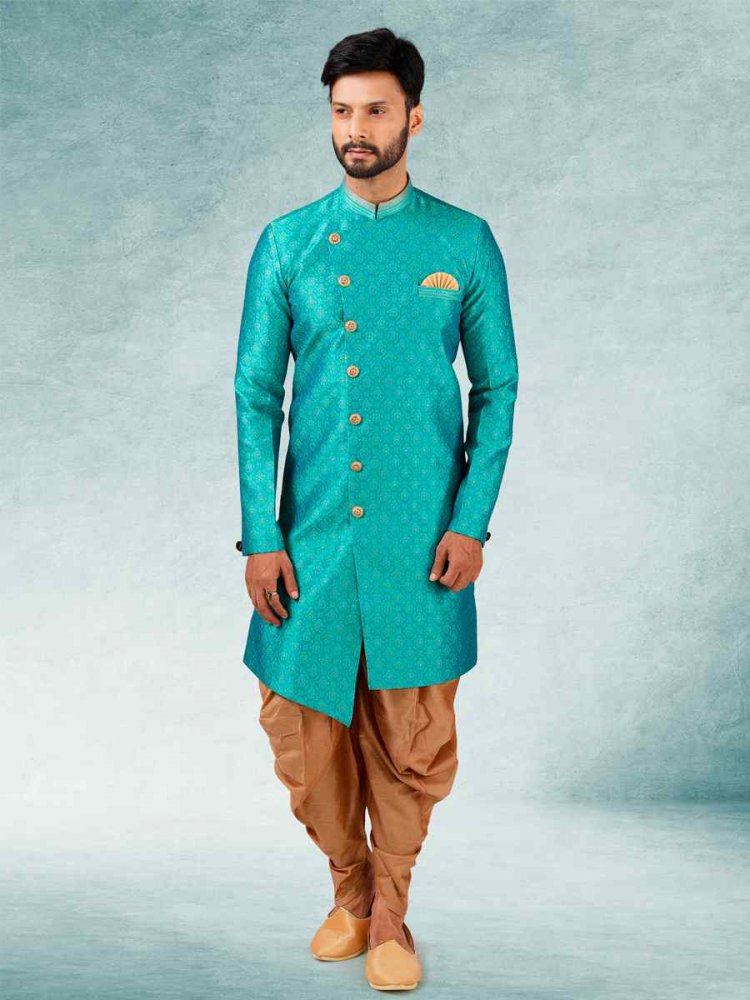 Rama Blue Jacquard Silk Brocade Cutwork Party Wedding Kurta