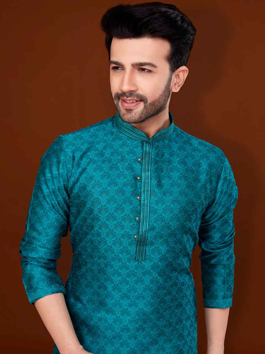 Rama Blue Jacquard Woven Wedding Festival Kurta