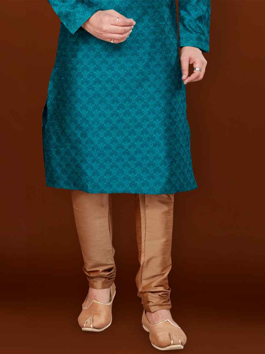Rama Blue Jacquard Woven Wedding Festival Kurta