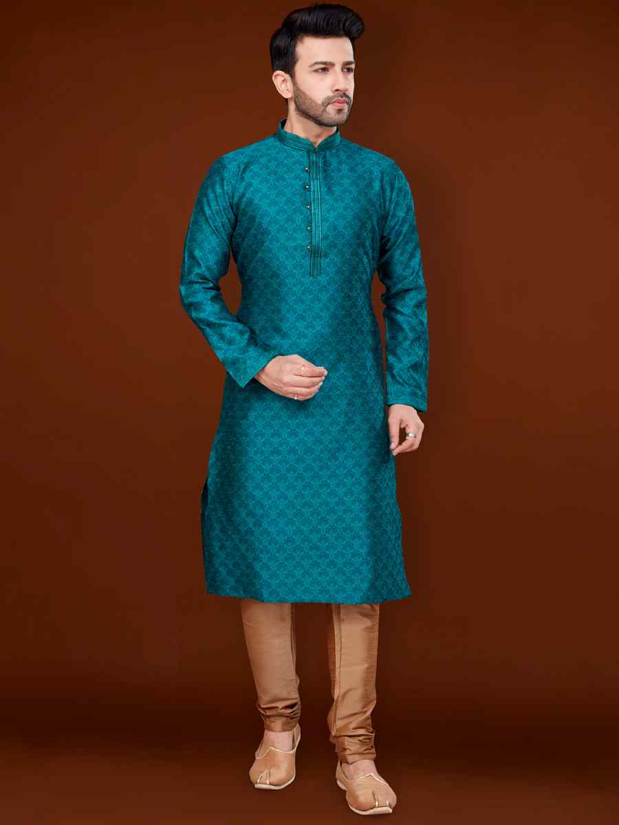 Rama Blue Jacquard Woven Wedding Festival Kurta