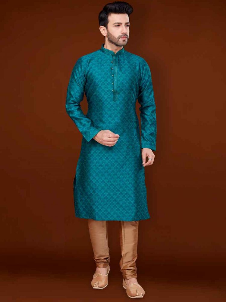 Rama Blue Jacquard Woven Wedding Festival Kurta