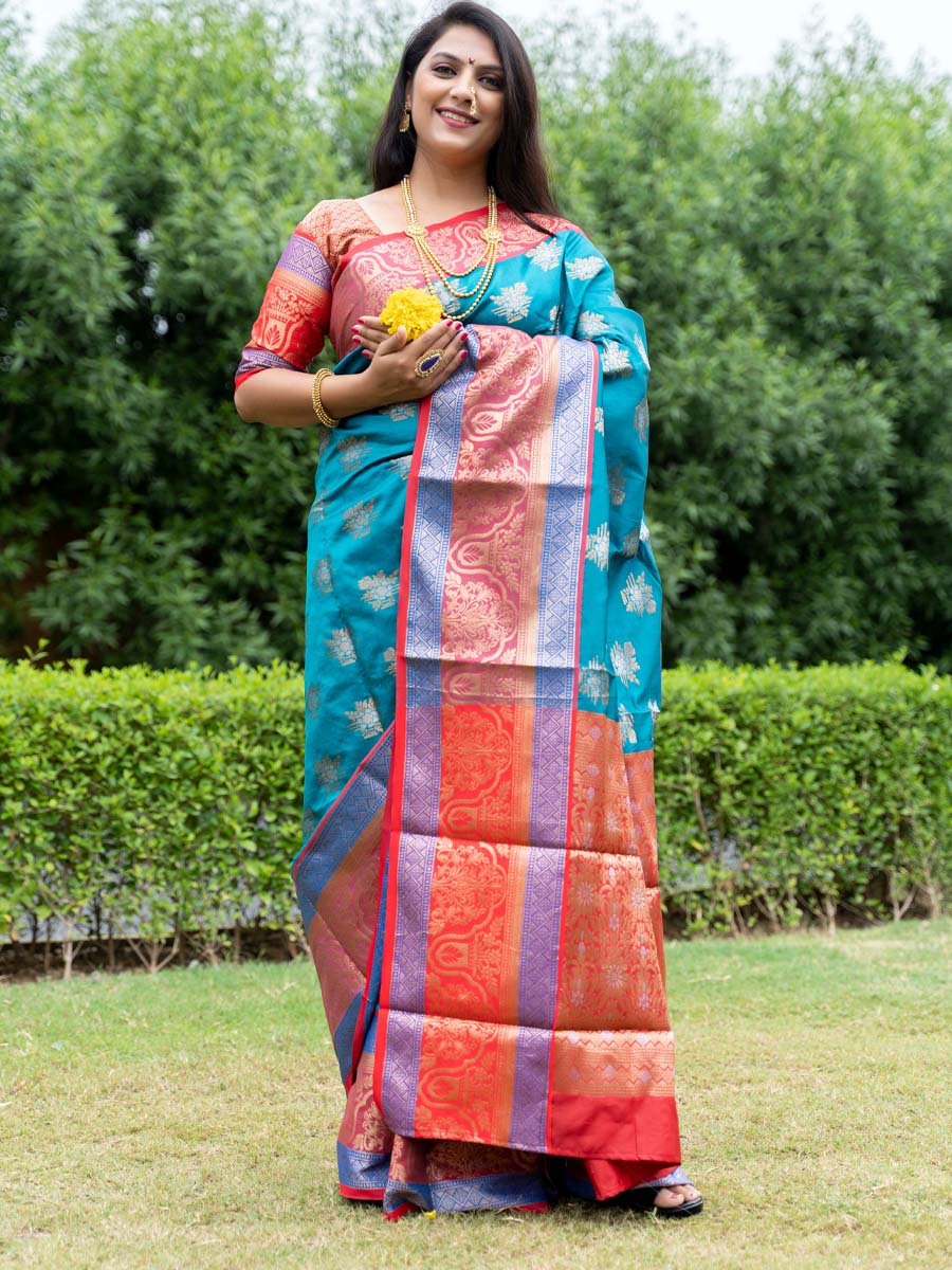 Rama Blue Kanchipuram Weaving Silk Handwoven Wedding Festival Heavy Border Saree