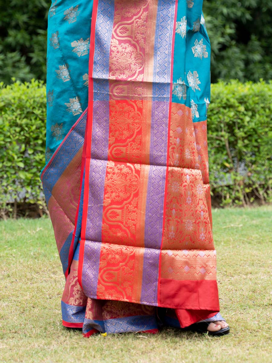 Rama Blue Kanchipuram Weaving Silk Handwoven Wedding Festival Heavy Border Saree