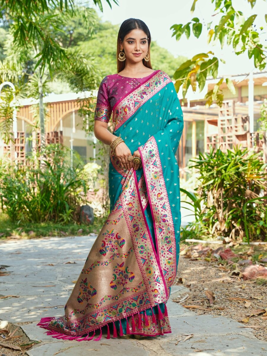 Rama Blue Paithani Soft Silk Zari Woven Meenakari Peacock Paithani Pallu Wedding Reception Party Festival Casual Heavy Border Sarees