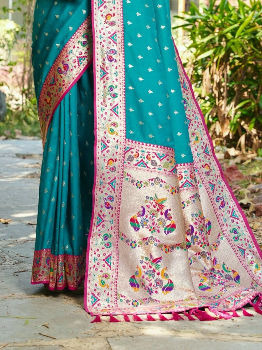 Rama Blue Paithani Soft Silk Zari Woven Meenakari Peacock Paithani Pallu Wedding Reception Party Festival Casual Heavy Border Sarees