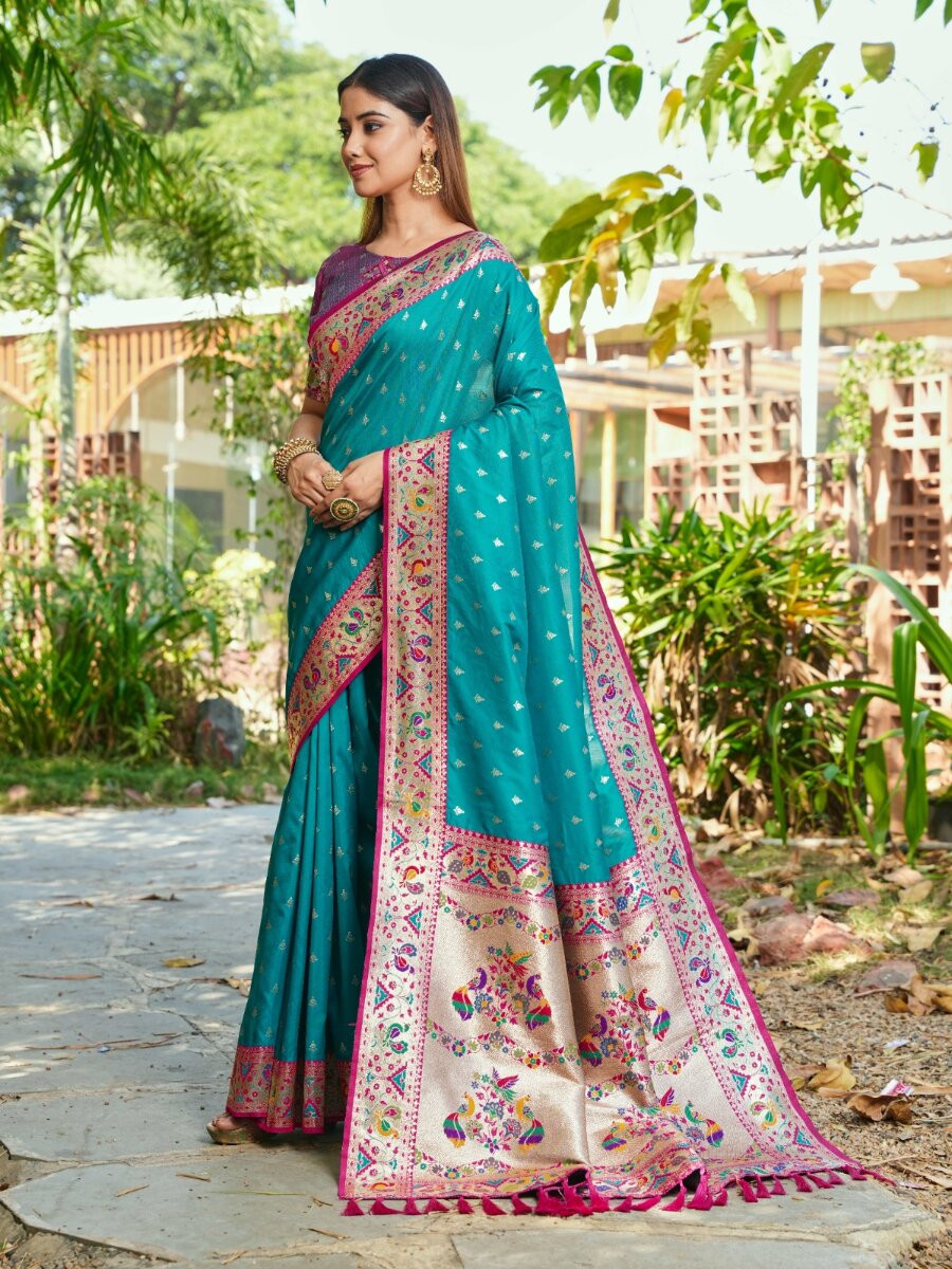 Rama Blue Paithani Soft Silk Zari Woven Meenakari Peacock Paithani Pallu Wedding Reception Party Festival Casual Heavy Border Sarees