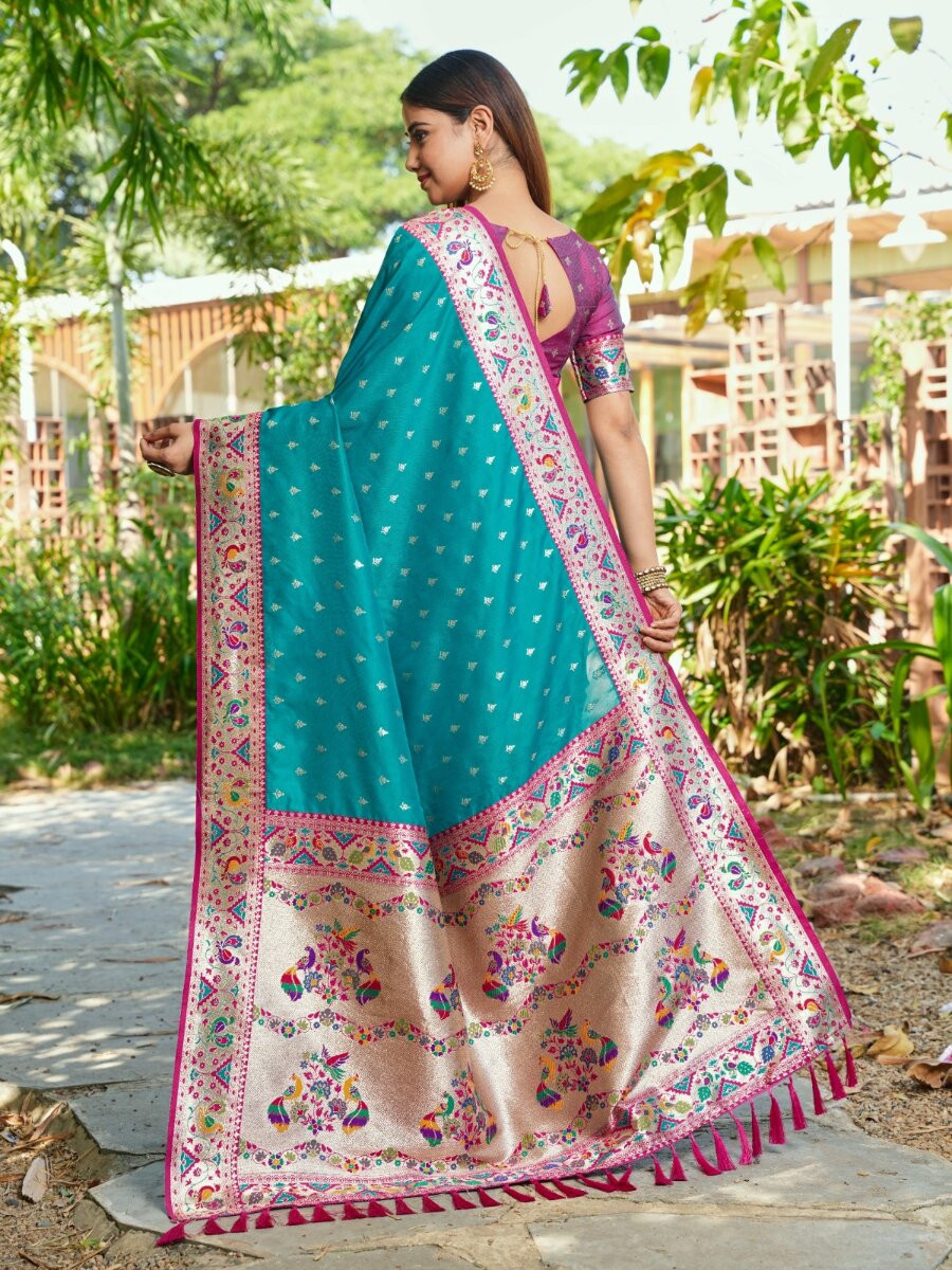 Rama Blue Paithani Soft Silk Zari Woven Meenakari Peacock Paithani Pallu Wedding Reception Party Festival Casual Heavy Border Sarees