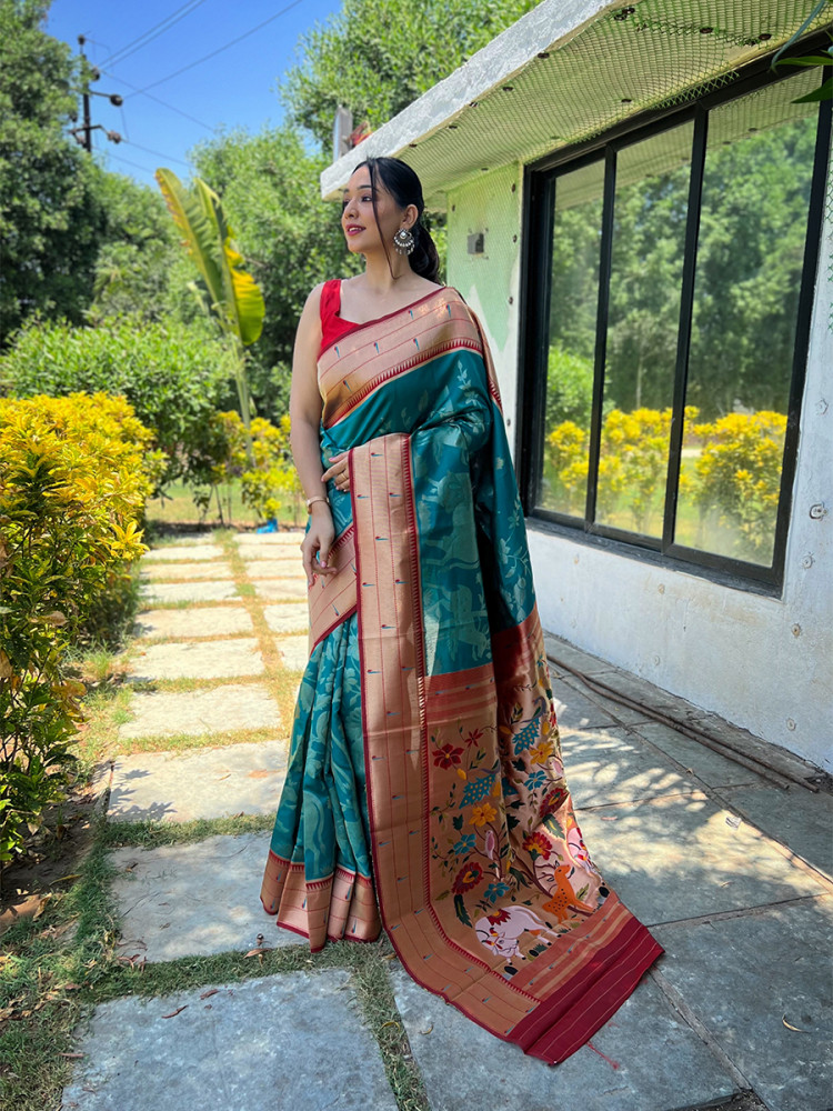 Image of Rama Blue Pure Soft Paithani Silk Zari Wedding Reception Party Festival Casual Heavy Border Sarees