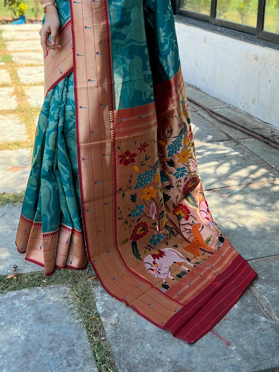 Rama Blue Pure Soft Paithani Silk Zari Wedding Reception Party Festival Casual Heavy Border Sarees