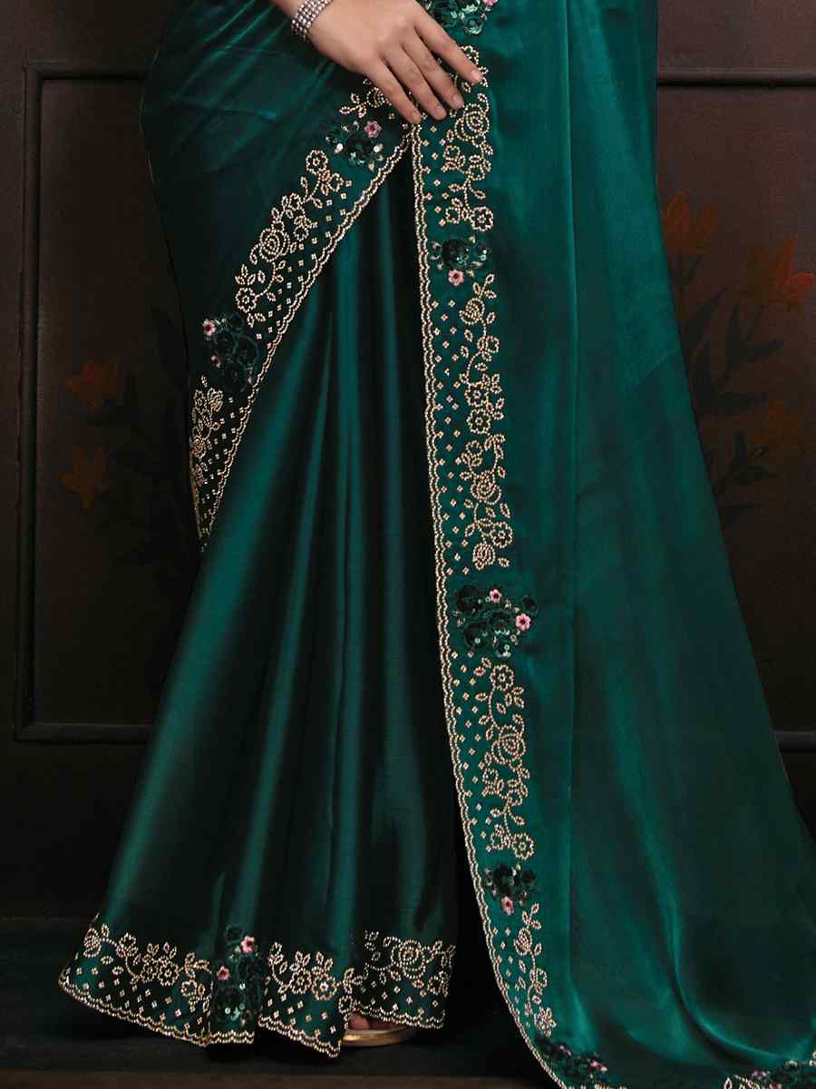 Rama Butterfly Silk Embroidered Party Reception Heavy Border Saree
