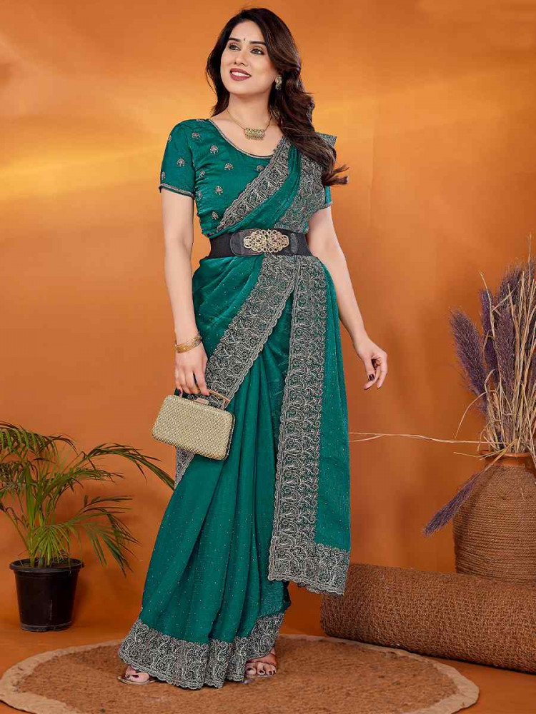 Rama Chiffon Embroidered Festival Wedding Fancy Heavy Border Saree