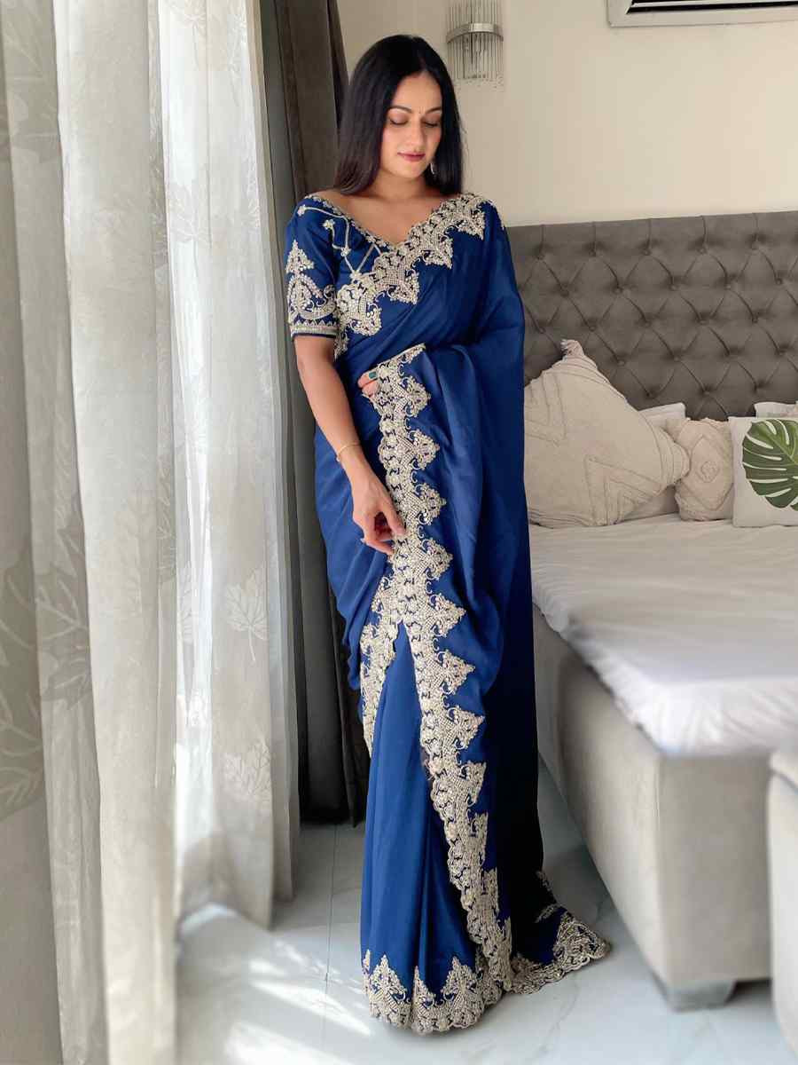 Rama Chinon Silk Embroidered Festival Wedding Fancy Heavy Border Saree