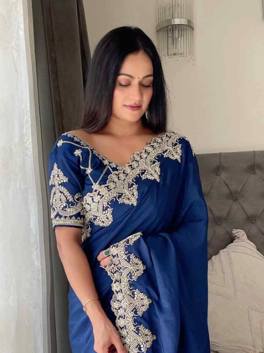 Rama Chinon Silk Embroidered Festival Wedding Fancy Heavy Border Saree