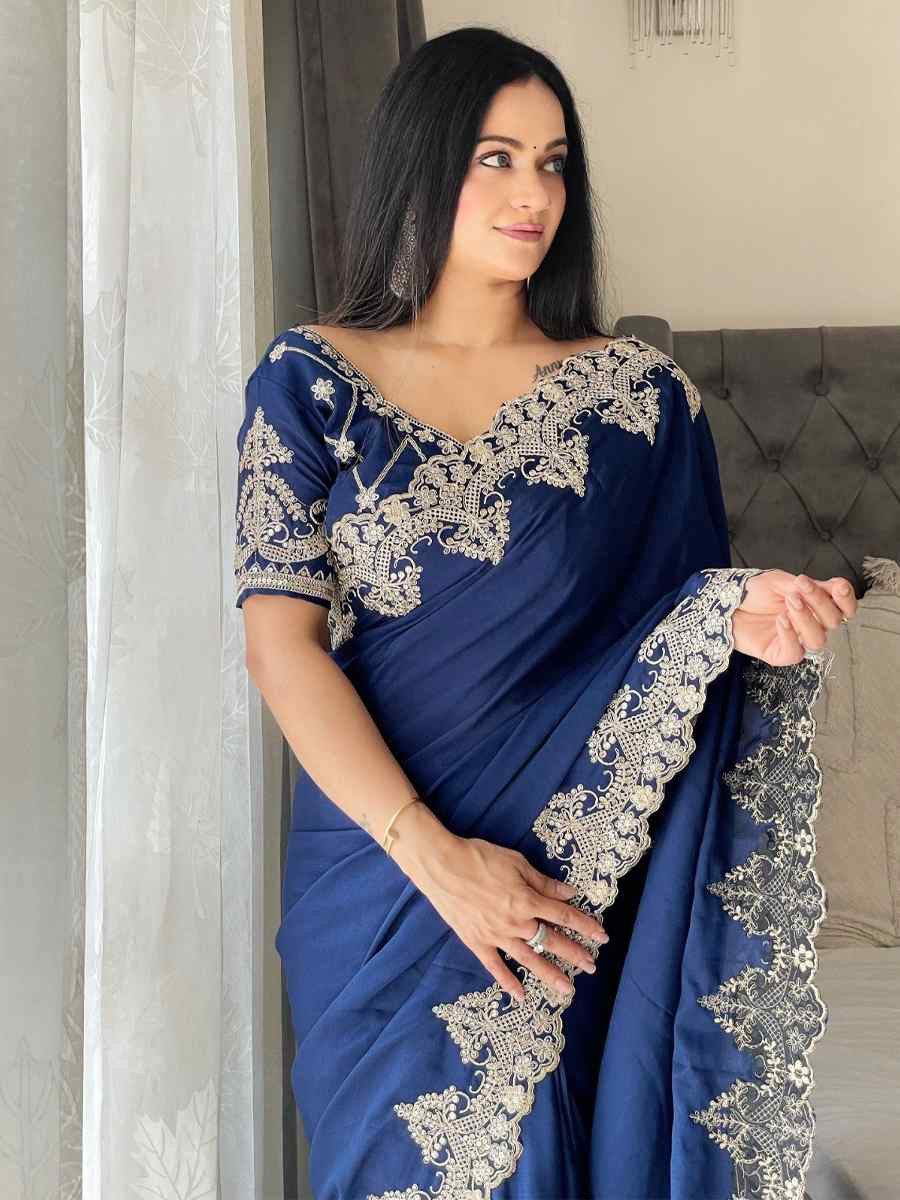 Rama Chinon Silk Embroidered Festival Wedding Fancy Heavy Border Saree