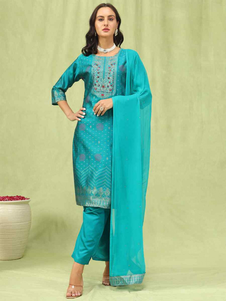Image of Rama Cotton Silk Jacquard Embroidery Party Wedding Festival Casual Ready Pant Salwar Kameez