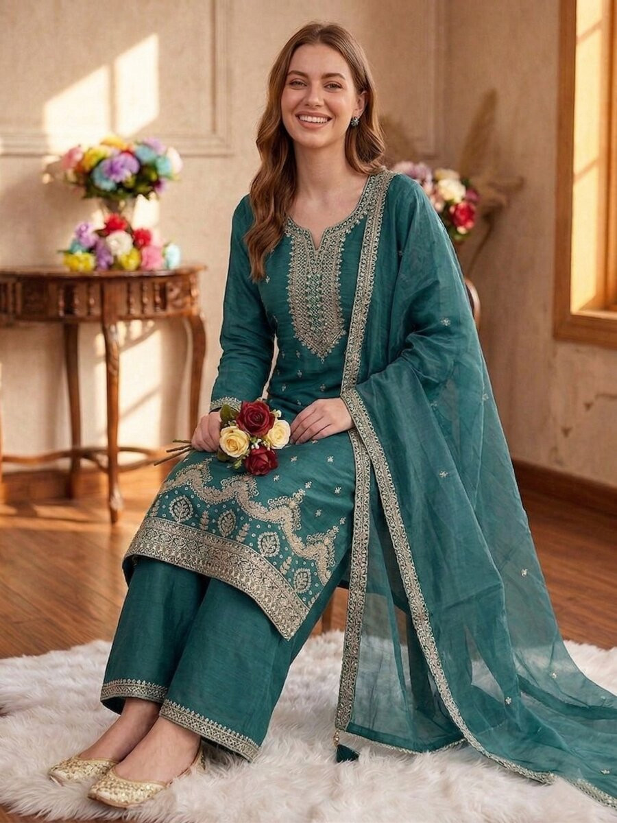 Rama Fancy Crush Silk Embroidery Wedding Party Festival Casual Palazzo Pant Salwar Kameez