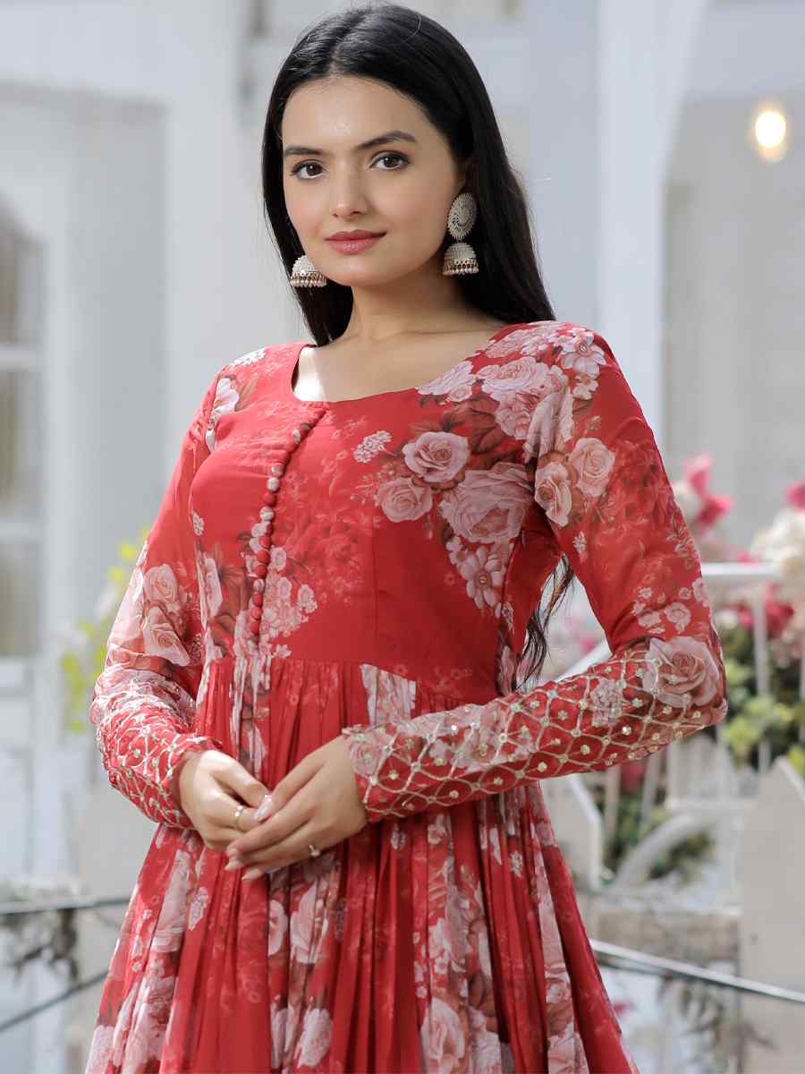Red Faux Georgette Embroidered Festival Casual Gown