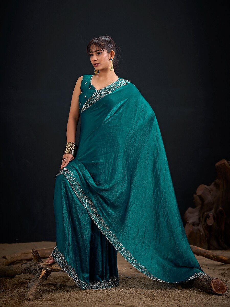 Rama Fendi Satin Silk Two Tone Embroidery Wedding Reception Party Festival Casual Heavy Border Sarees