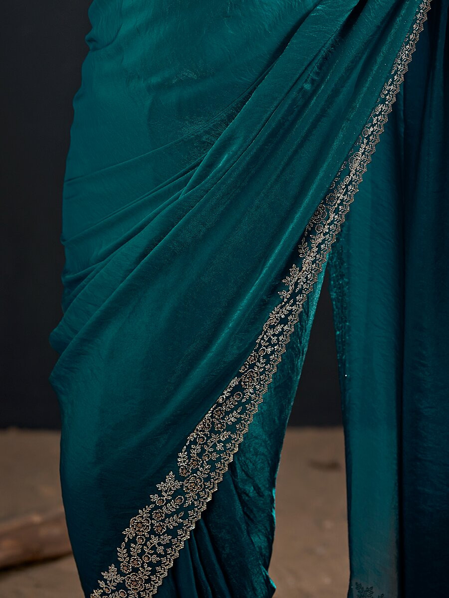 Rama Fendi Satin Silk Two Tone Embroidery Wedding Reception Party Festival Casual Heavy Border Sarees