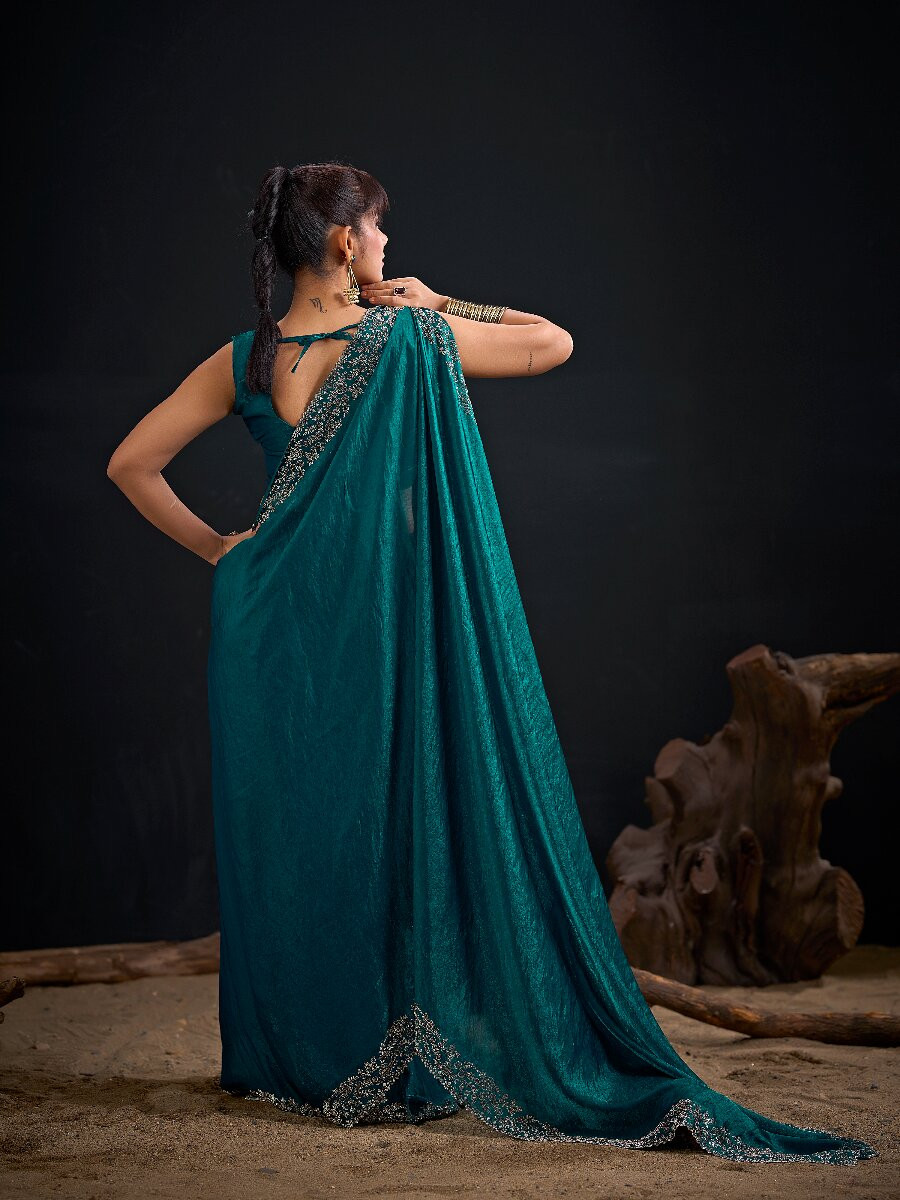 Rama Fendi Satin Silk Two Tone Embroidery Wedding Reception Party Festival Casual Heavy Border Sarees