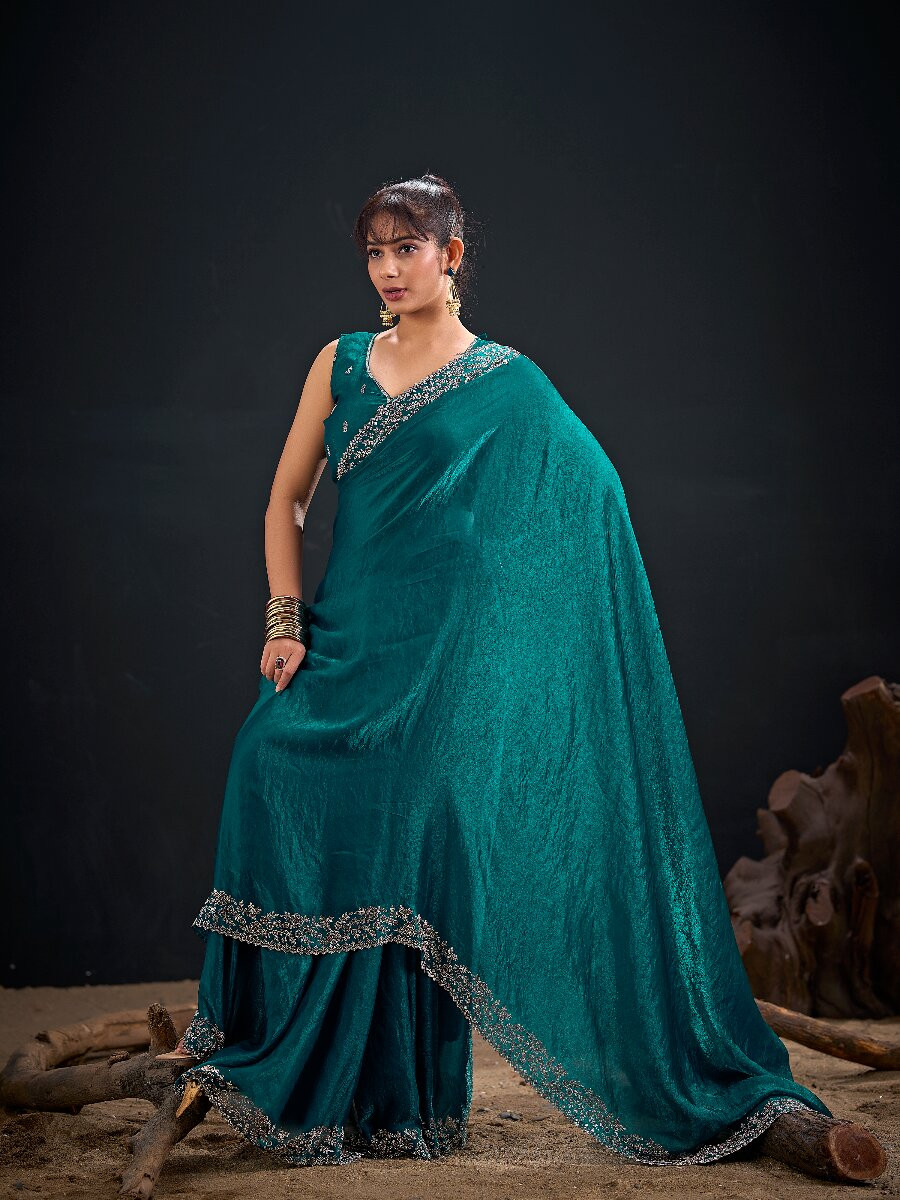 Rama Fendi Satin Silk Two Tone Embroidery Wedding Reception Party Festival Casual Heavy Border Sarees