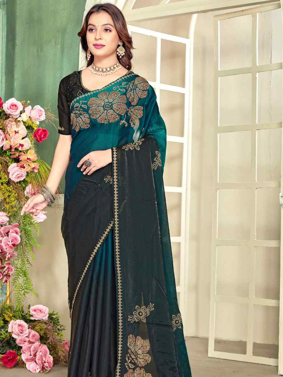 Rama Fendi Satin Silk Zircon Hand Embroidery Bridal Reception Festival Wedding Fancy Heavy Border Sarees