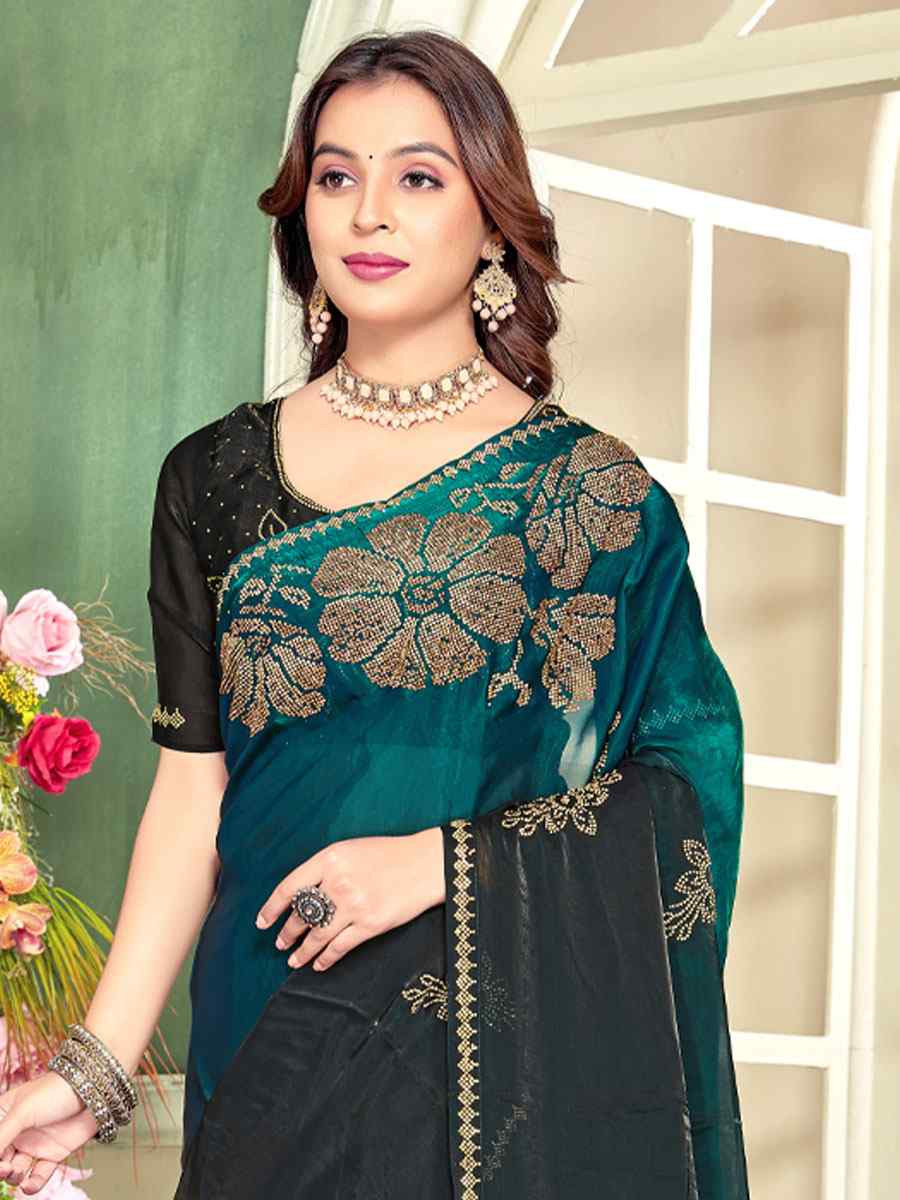 Rama Fendi Satin Silk Zircon Hand Embroidery Bridal Reception Festival Wedding Fancy Heavy Border Sarees