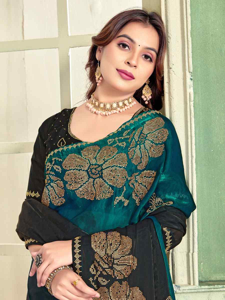 Rama Fendi Satin Silk Zircon Hand Embroidery Bridal Reception Festival Wedding Fancy Heavy Border Sarees