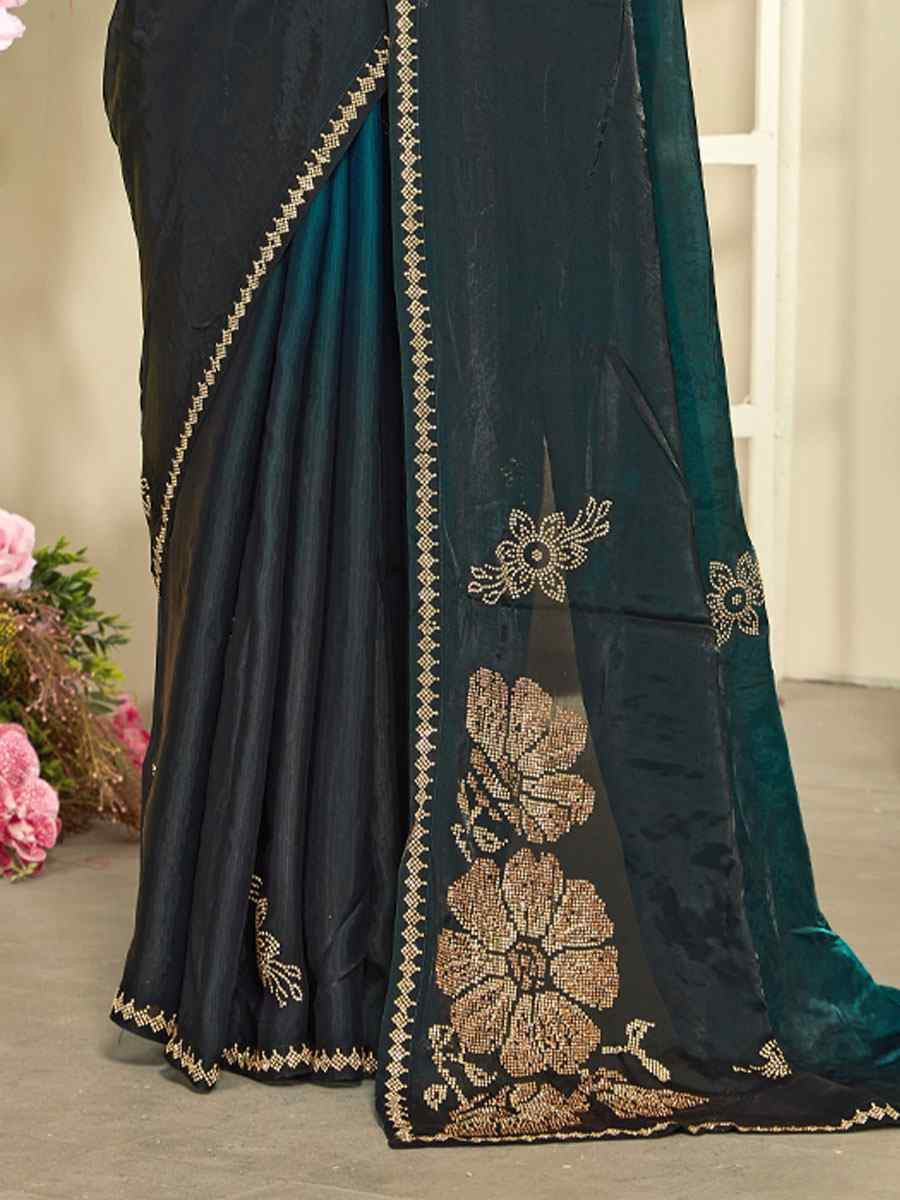 Rama Fendi Satin Silk Zircon Hand Embroidery Bridal Reception Festival Wedding Fancy Heavy Border Sarees