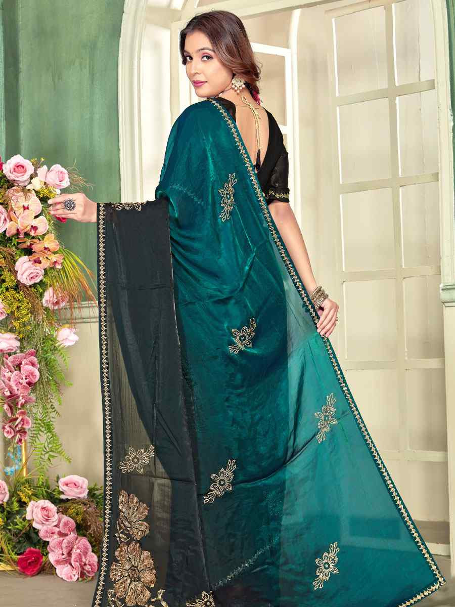 Rama Fendi Satin Silk Zircon Hand Embroidery Bridal Reception Festival Wedding Fancy Heavy Border Sarees