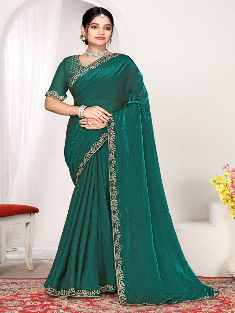 Image of Rama Fendi satin silk Zircon Stone Embroidery Festival Wedding Fancy Classic Heavy Border Saree