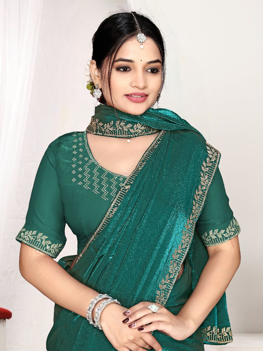 Rama Fendi satin silk Zircon Stone Embroidery Festival Wedding Fancy Classic Heavy Border Saree