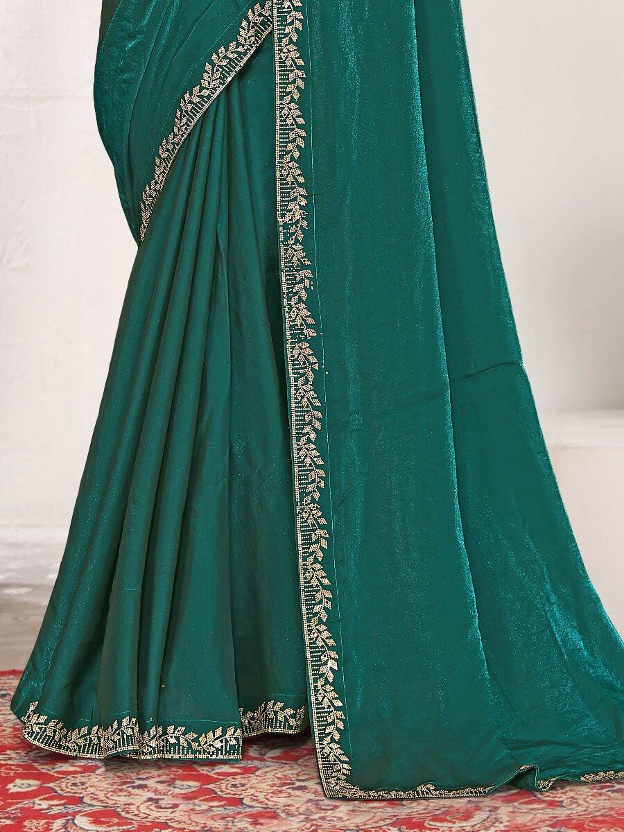 Rama Fendi satin silk Zircon Stone Embroidery Festival Wedding Fancy Classic Heavy Border Saree