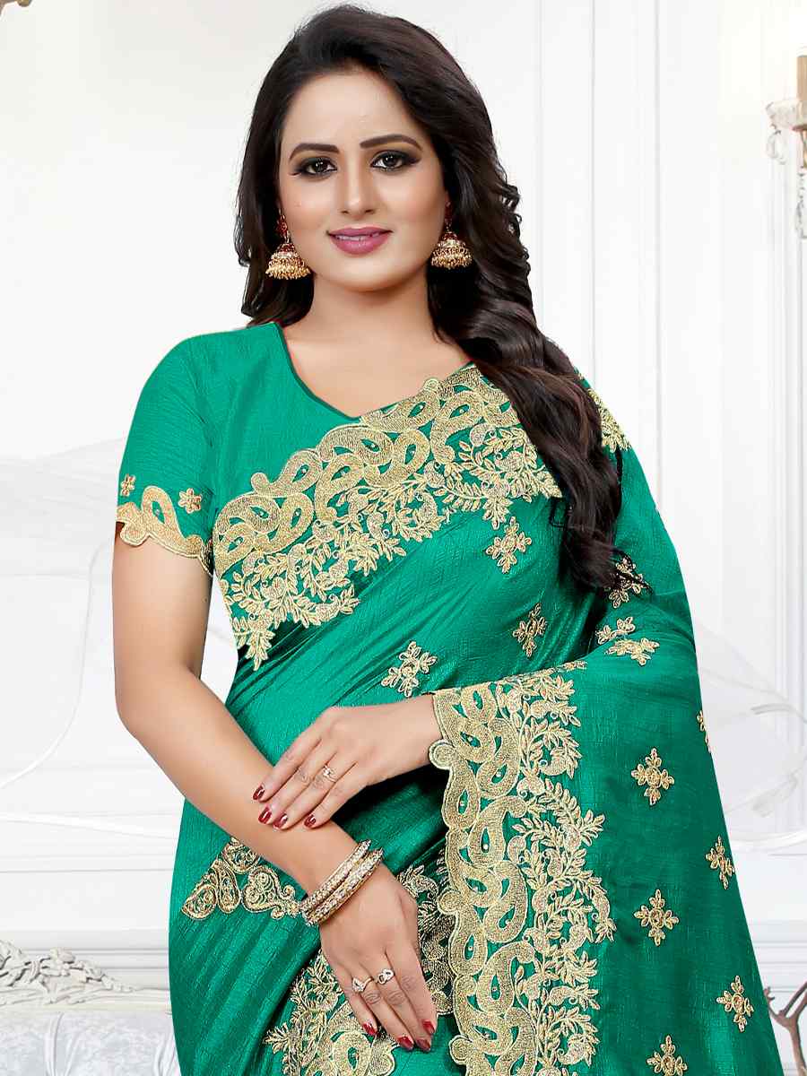 Rama Firozi Cherry Silk Embroidered Wedding Festival Heavy Border Saree