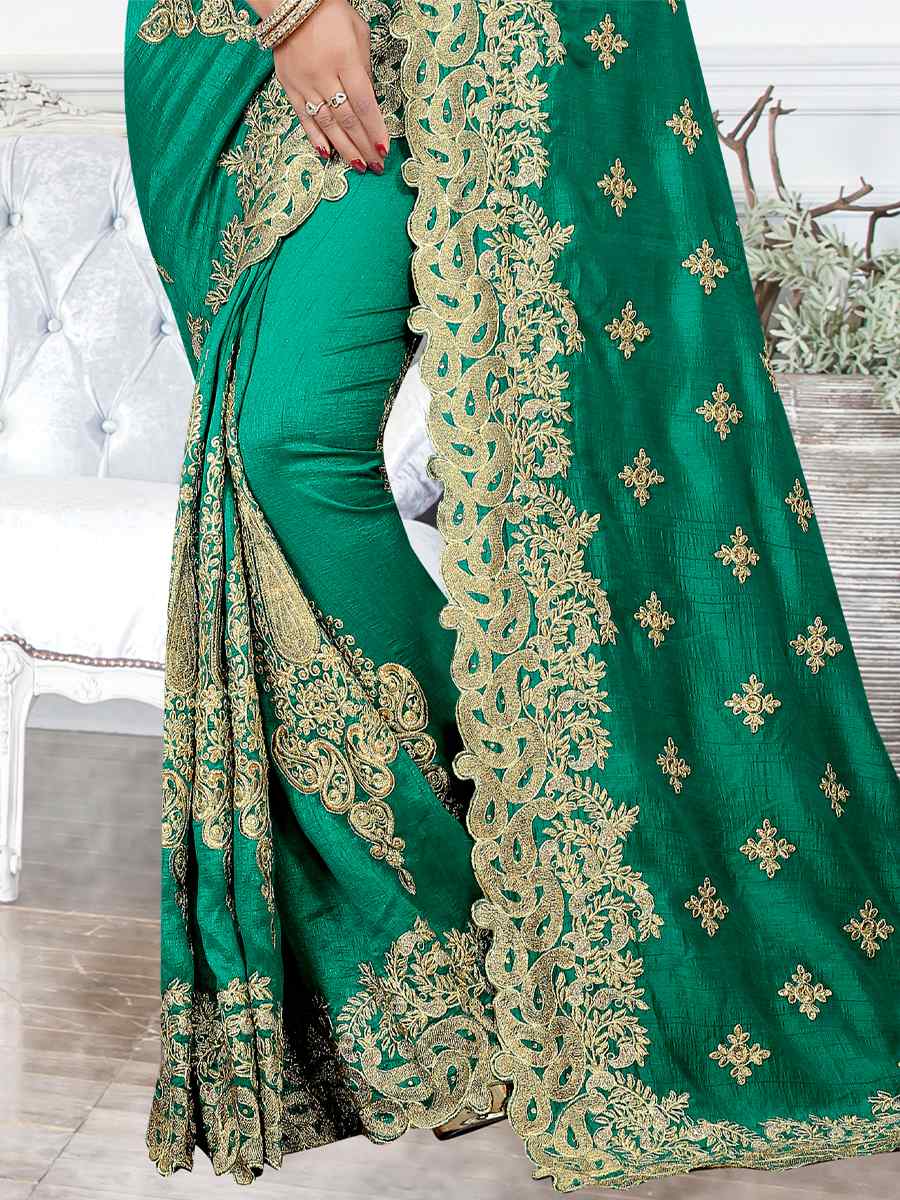 Rama Firozi Cherry Silk Embroidered Wedding Festival Heavy Border Saree