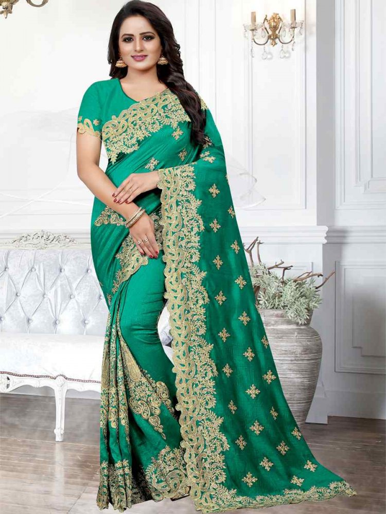 Rama Firozi Cherry Silk Embroidered Wedding Festival Heavy Border Saree