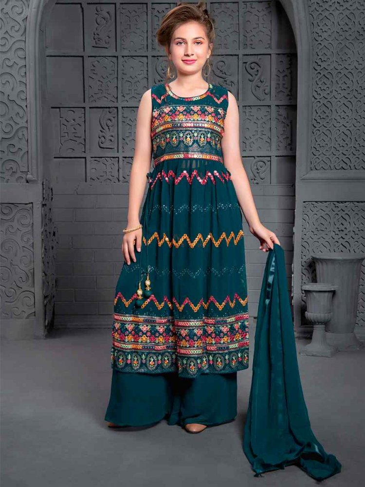 Rama Georgette Embroidered Festival Wedding Kurta Sharara Girls Wear