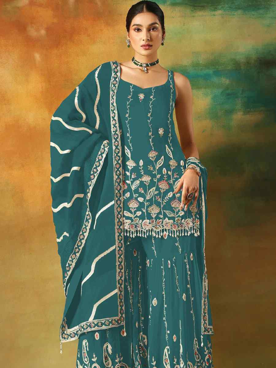 Rama Georgette Embroidered Festival Wedding Sharara Pant Salwar Kameez