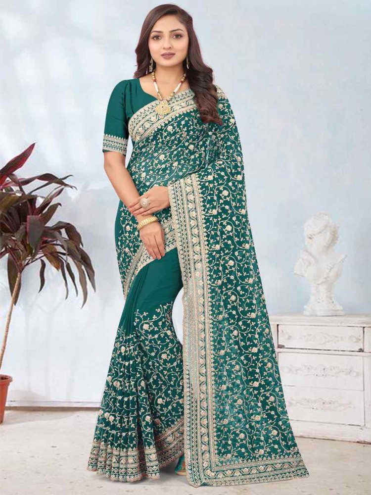 Rama Georgette Embroidered Party Wedding Heavy Border Saree