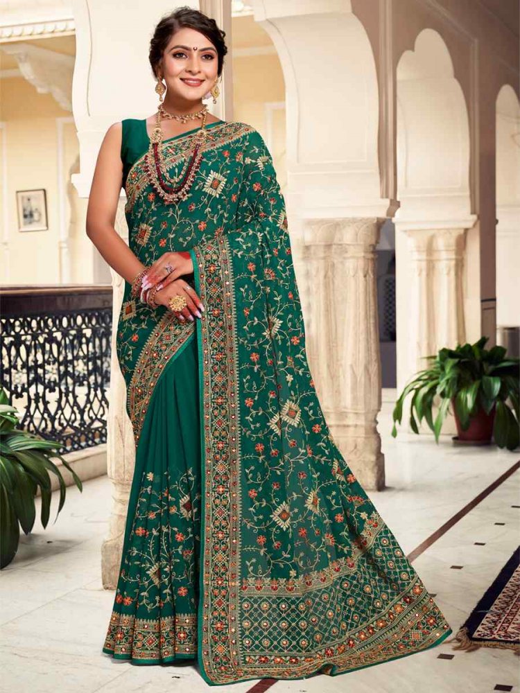 Rama Georgette Embroidered Reception Party Heavy Border Saree